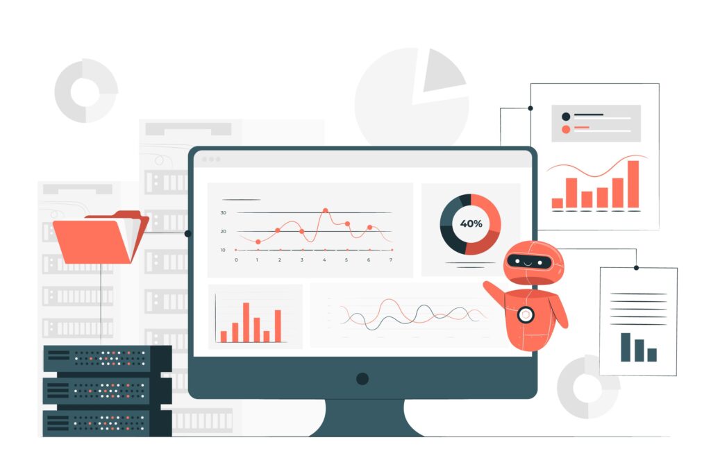 A graphic illustration depicting data automation, with a computer screen showing various data analytics charts such as line graphs, bar charts, and a pie chart. An orange robot, symbolizing automation, points to the screen. Data servers, folders, and additional charts surround the computer, representing automated data processing and management workflows.