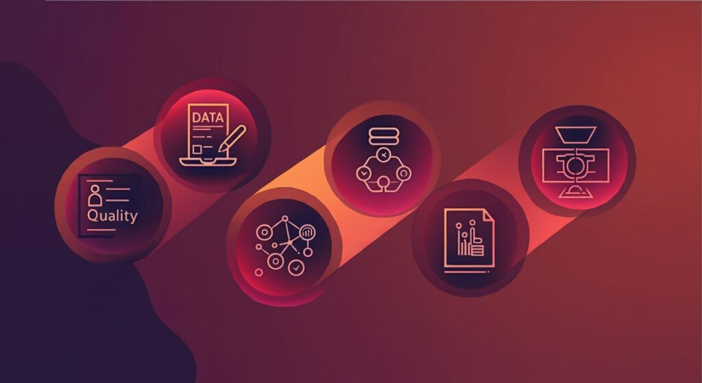 an image illustration of data quality in the form of icons that implies the 6 dimensions of data quality