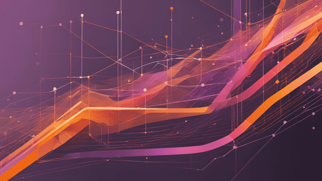 A visually captivating abstract illustration in purple, orange, and pink tones showcasing interconnected data bars, nodes, and lines
