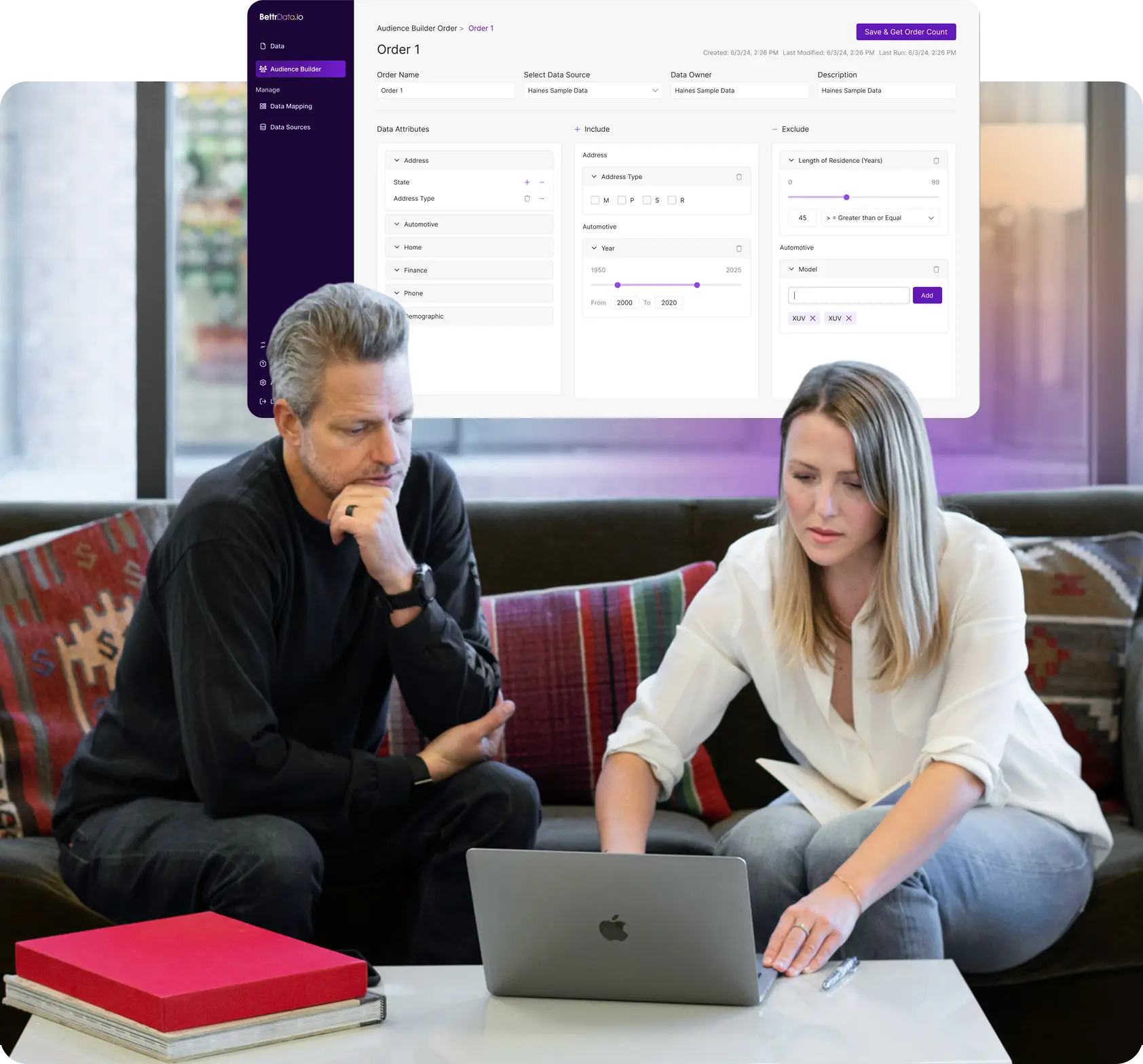 A man and a woman collaborating on a laptop in front of a digital dashboard titled "Order 1" from BettrData.io.