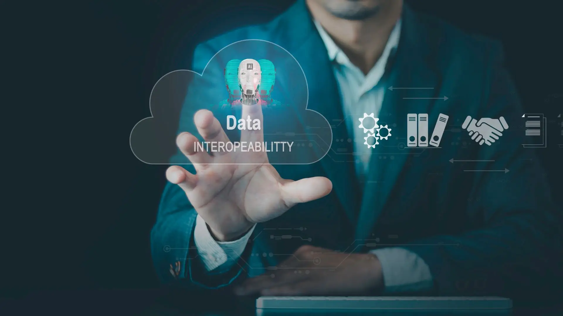 Person interacting with holographic cloud displaying "Data Interoperability," with icons for gears, files, and handshake, symbolizing data integration.