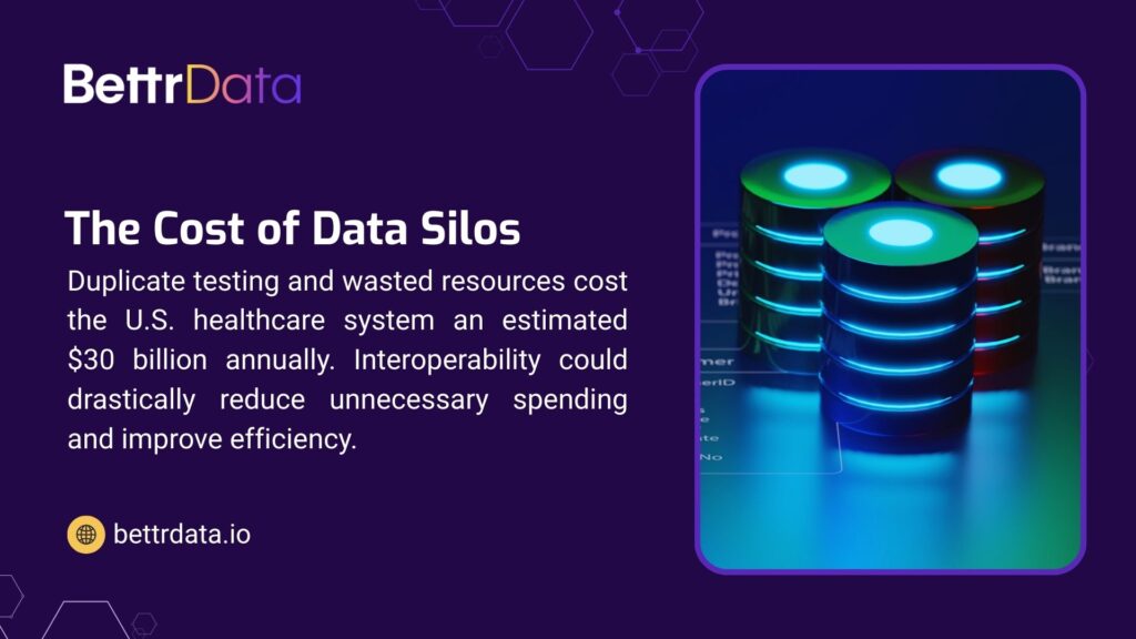 Glowing server stacks, illustrating the cost of data silos in U.S. healthcare, estimated at $30 billion annually, with interoperability as a solution. - data interoperability in healthcare
