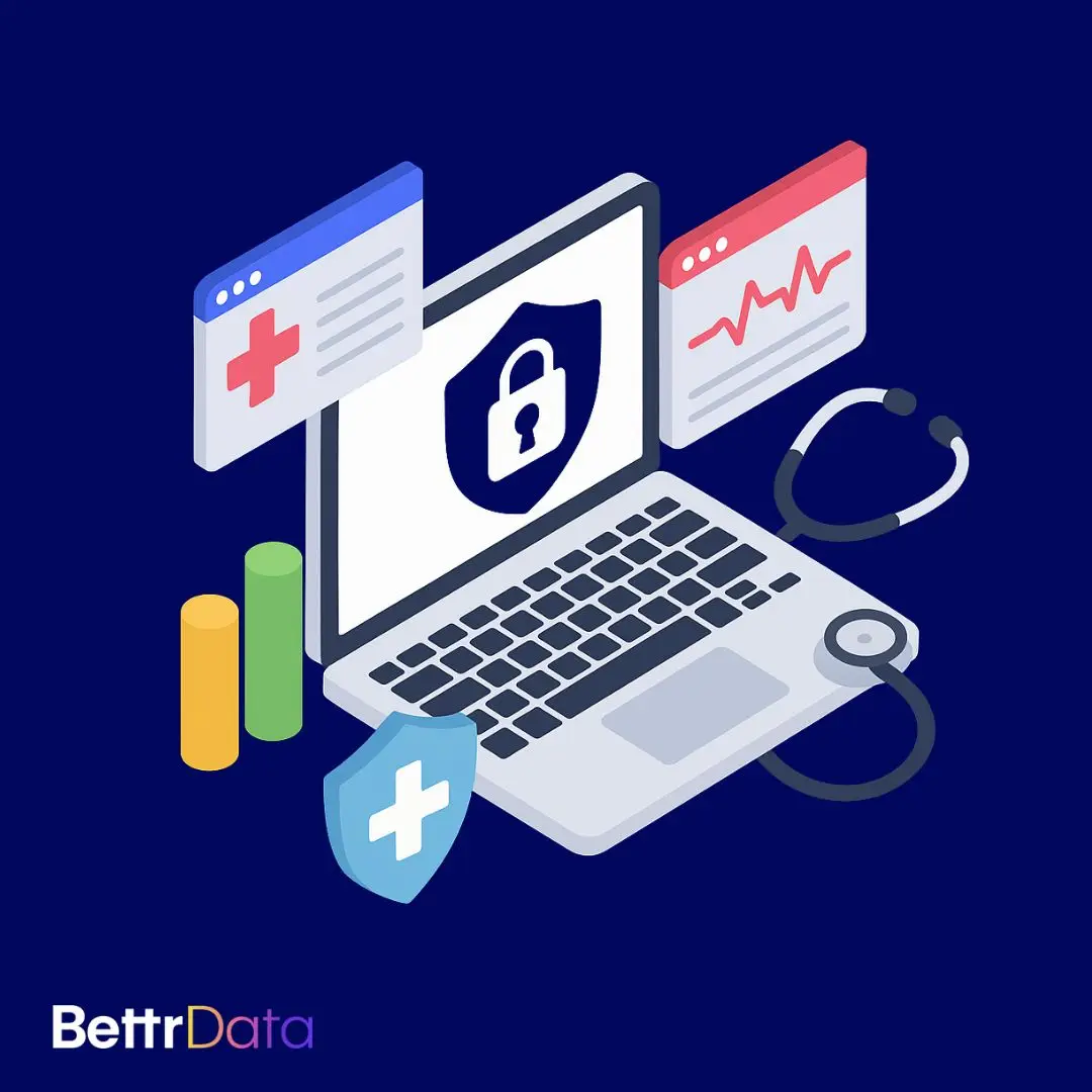 Healthcare data security illustration showing laptop with medical records, security shield, and stethoscope representing comprehensive patient data protection